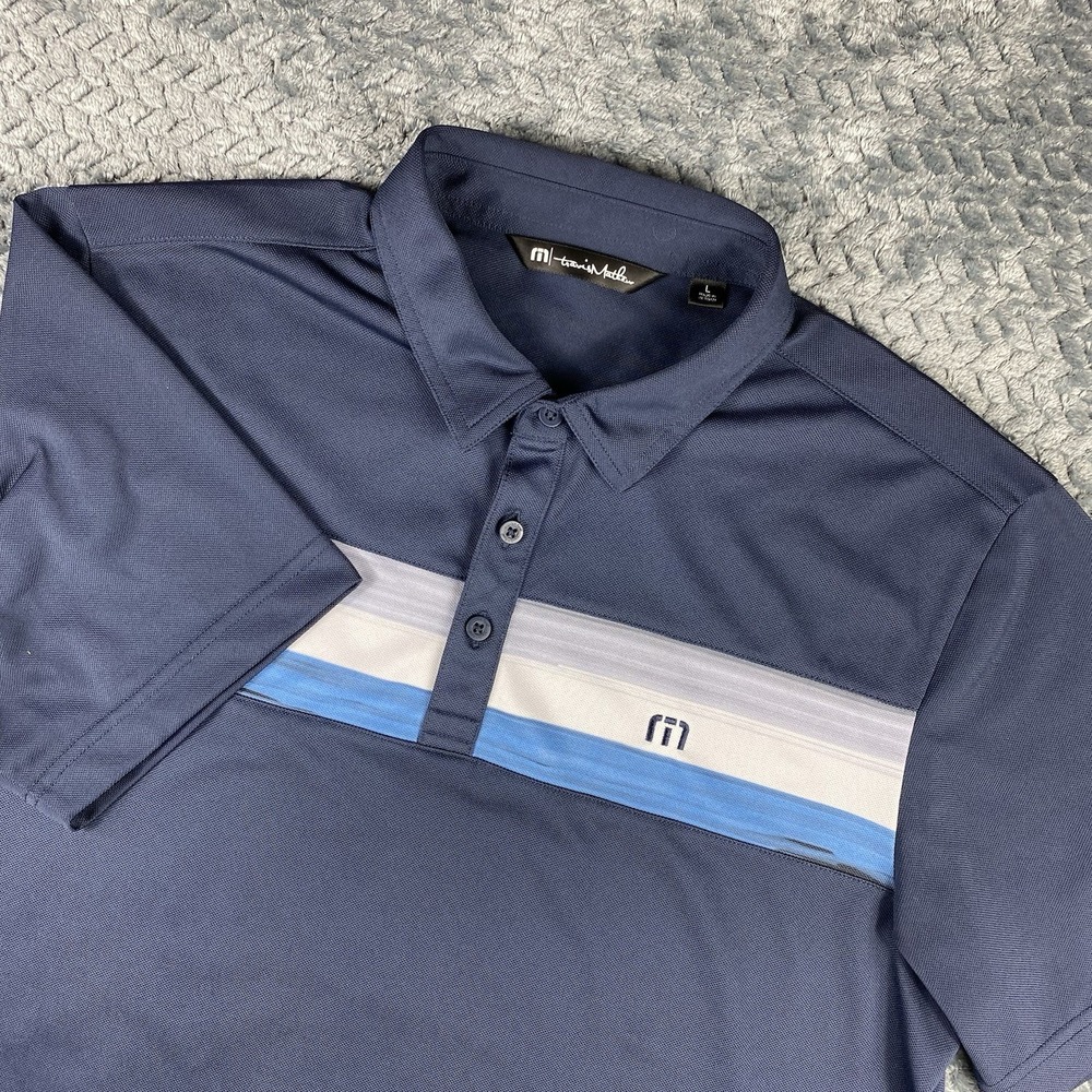 Travis Mathew Polo Shirt Men's Large Blue Stripe Golf Performance Lightweight